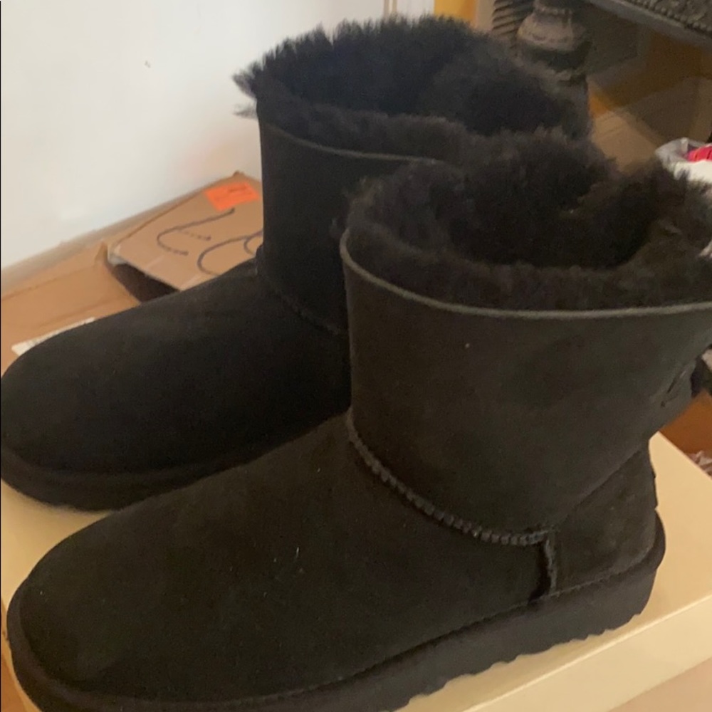 Black suede Ugg boots with bow and crystals